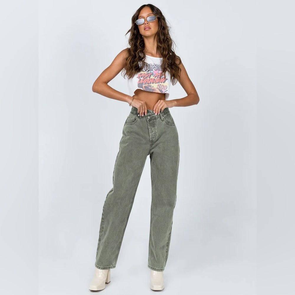 Princess Polly Holly Asymmetric Straight Leg Jean Green Denim